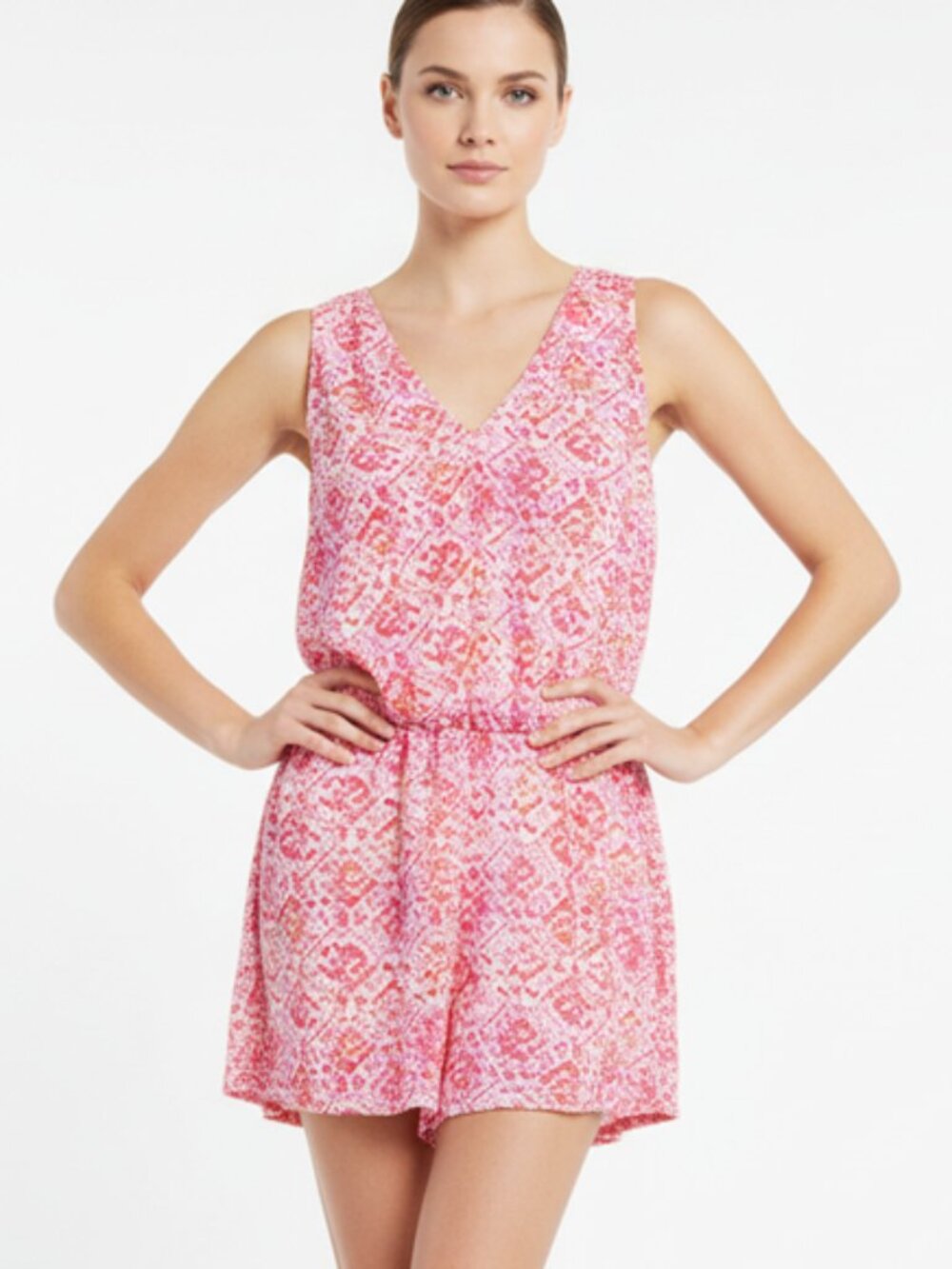 Gap Pink Geometric Print Romper V-Neck Sleeveless Boho Summer Short Size L